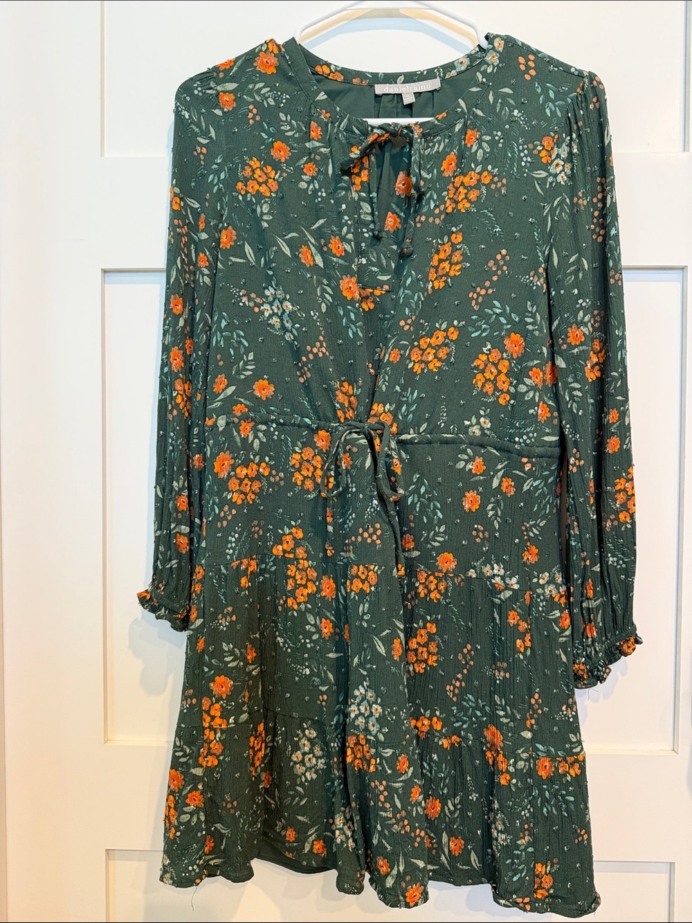 Daniel Rainn Forest Green Long Sleeve Floral Tie-Waist Dress